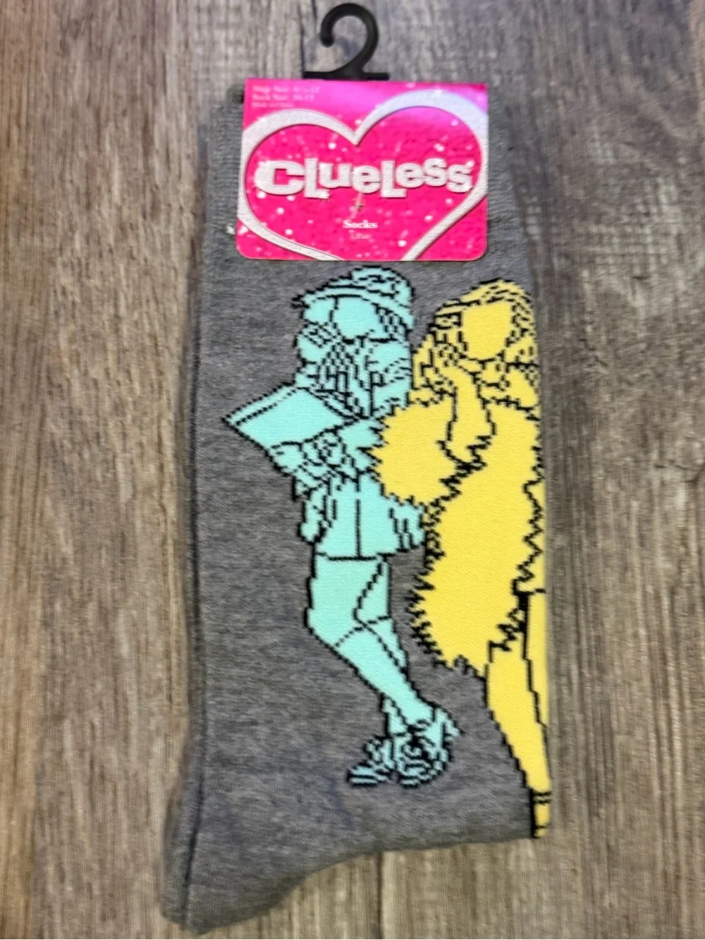 Clueless Character Graphic Gray Socks with Yellow & Teal